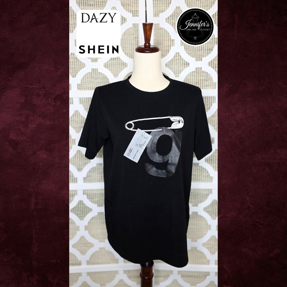 Shein Dazy Women's Black Safety Pin, Tag and 'g' w/Shoulder Pads T-Shirt Size S